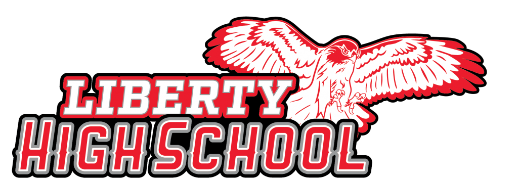 Liberty High School wordmark with Redhawk