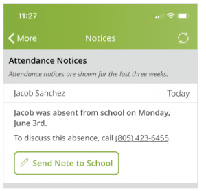 The attendance notification screen with a "send note to school" button at the bottom