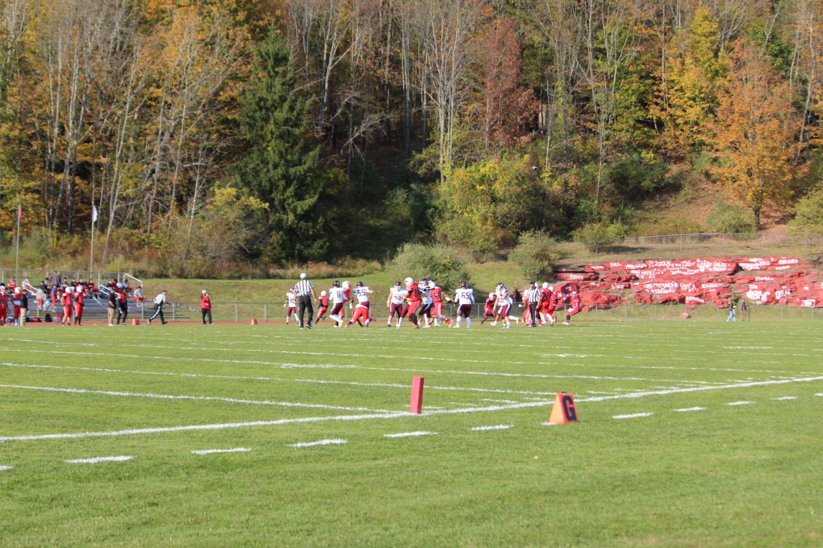 A football game is played on a grass field with a outcropping in the background painted red with white names painted on it.