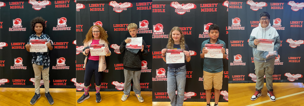 In a collage of photos six students pose in front of the Liberty Middle School back drop in the gymnasium