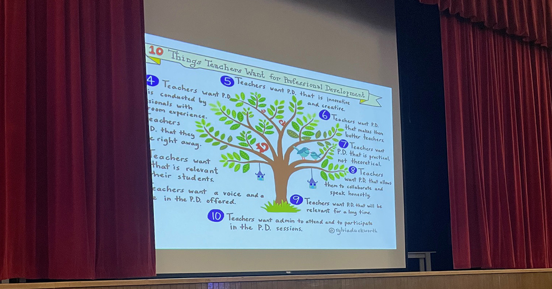 A screen displays a drawing of a tree with 10 things teachers want for professional development