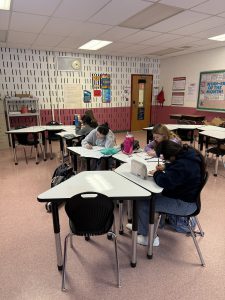 Students work at flexible seating desks